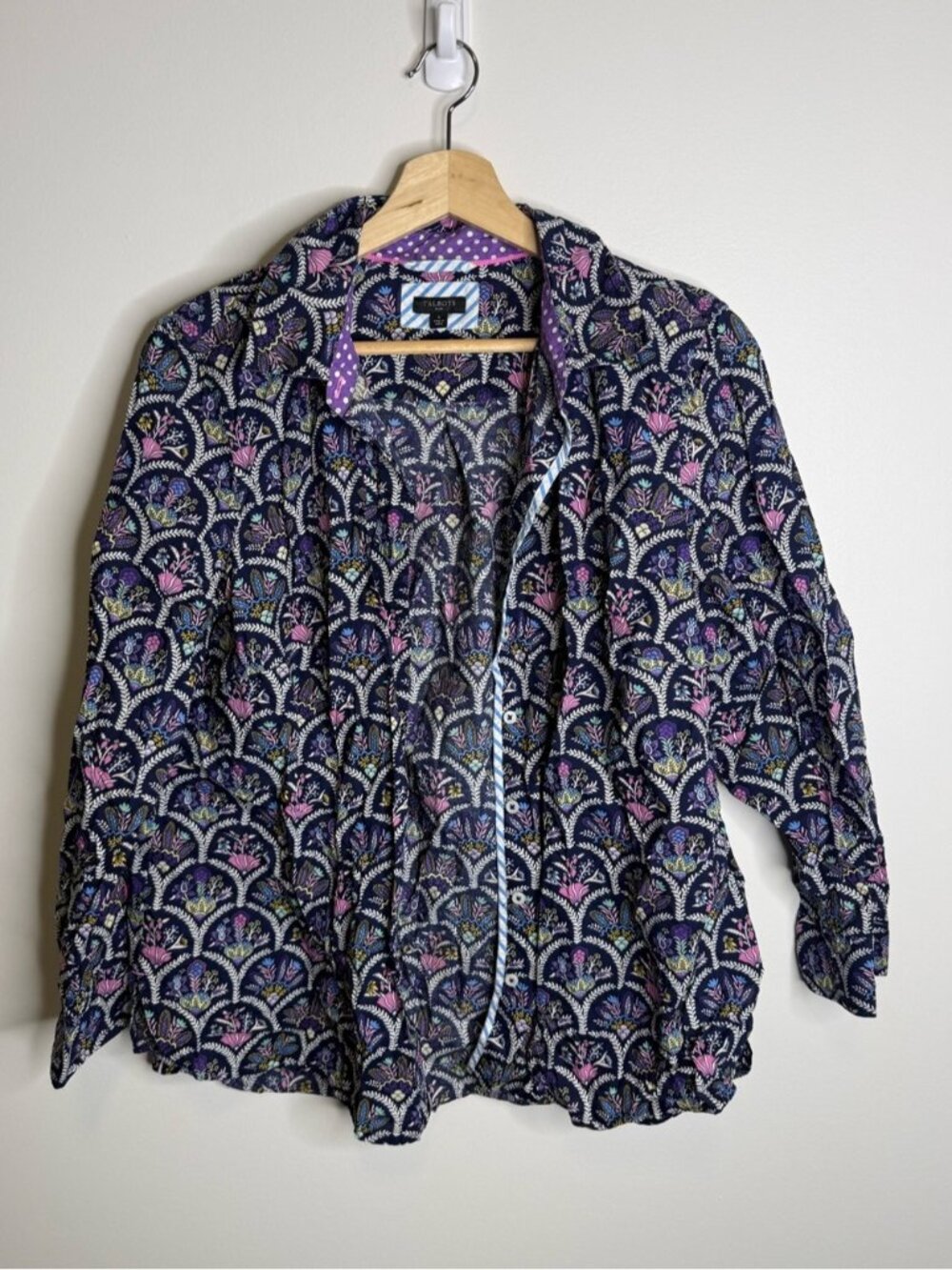 Talbots Navy Button-Down Shirt with Pink & Lavender Floral Print size 1x